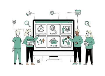 Illustration of a creative team collaborating around a digital dashboard, representing industry-focused marketing strategies for events and creative industries.