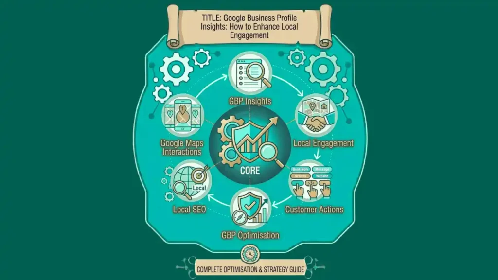 Google Business Profile Insights infographic showing local SEO performance and customer engagement data.