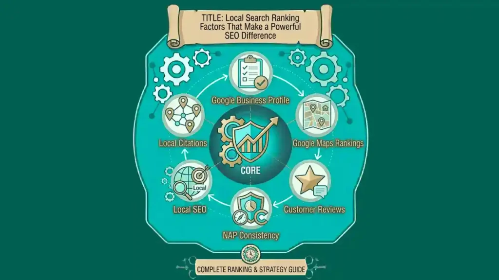 Local Search Ranking Factors infographic showing Google Maps visibility, reviews, citations, and local SEO signals.