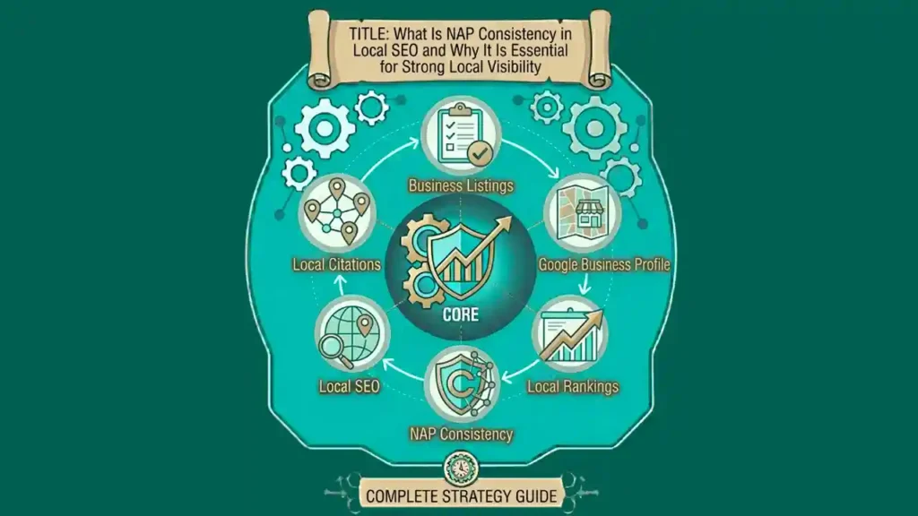 What is NAP Consistency in local SEO infographic showing accurate business name, address, and phone number signals.