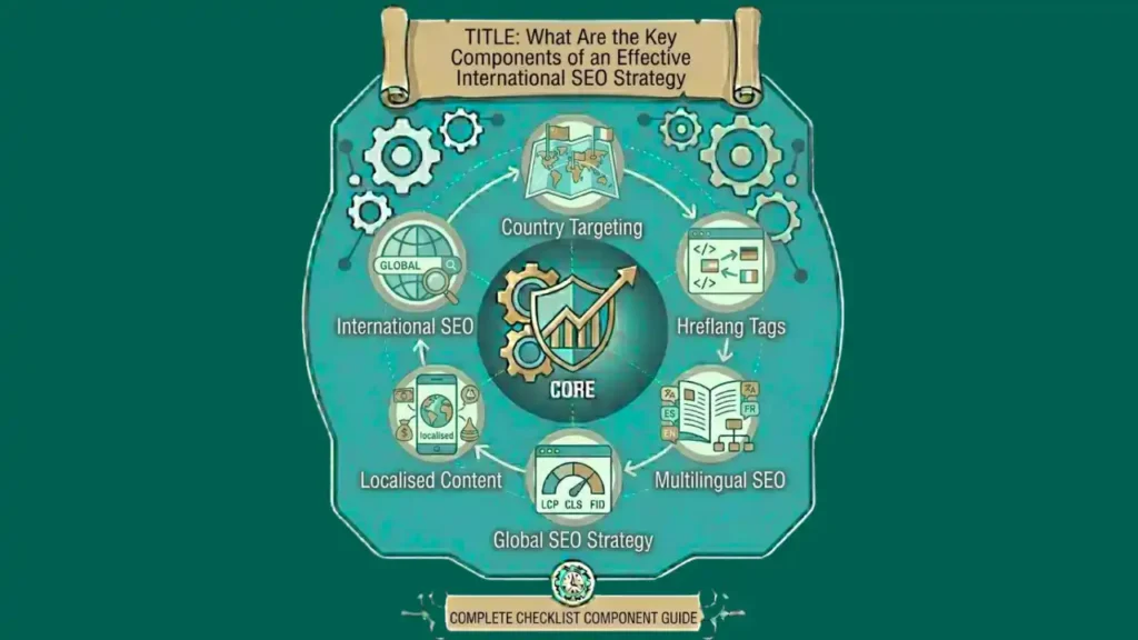 International SEO Strategy infographic showing global SEO targeting, multilingual content, and international market expansion.