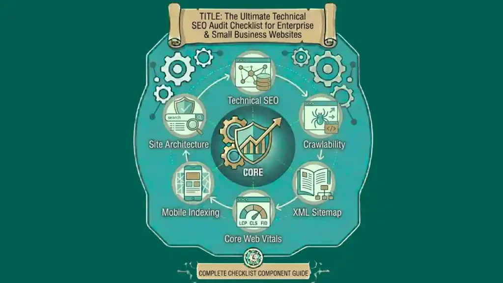 Technical SEO audit checklist infographic showing crawlability, indexing, site speed, and SEO optimisation tasks.