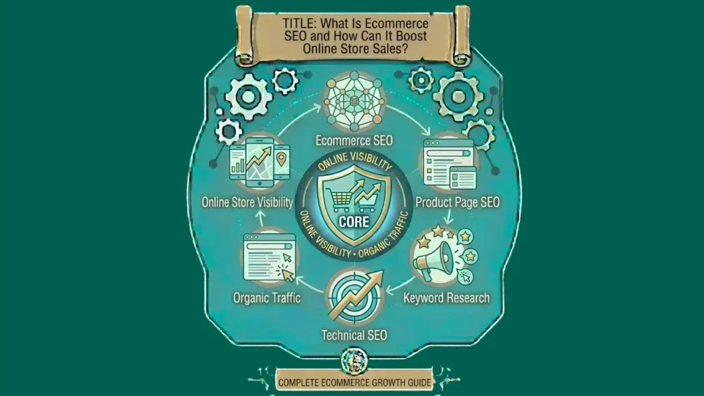 Ecommerce SEO for online stores infographic showing product optimisation, technical SEO, and ecommerce growth strategies.