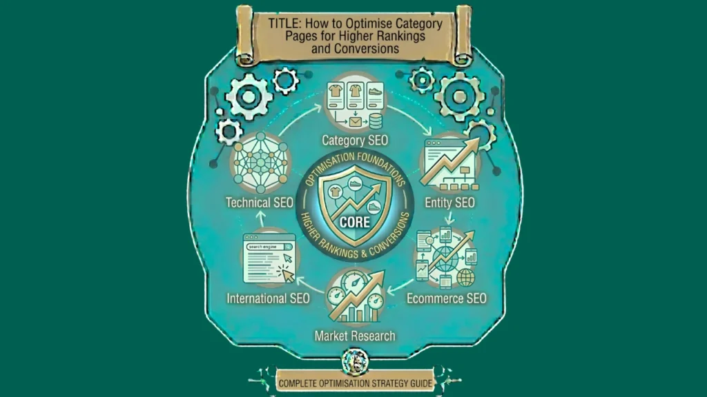 Category page optimisation for SEO infographic showing ecommerce rankings, conversions, and internal linking strategies.