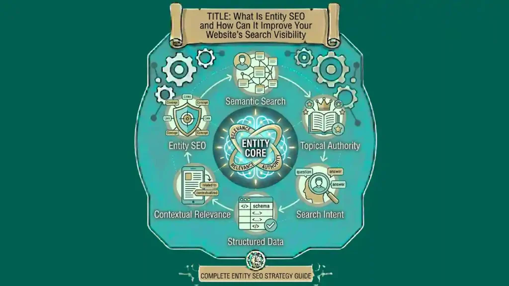 Entity-Based Search Optimisation infographic showing semantic SEO, structured data, and search visibility strategies.