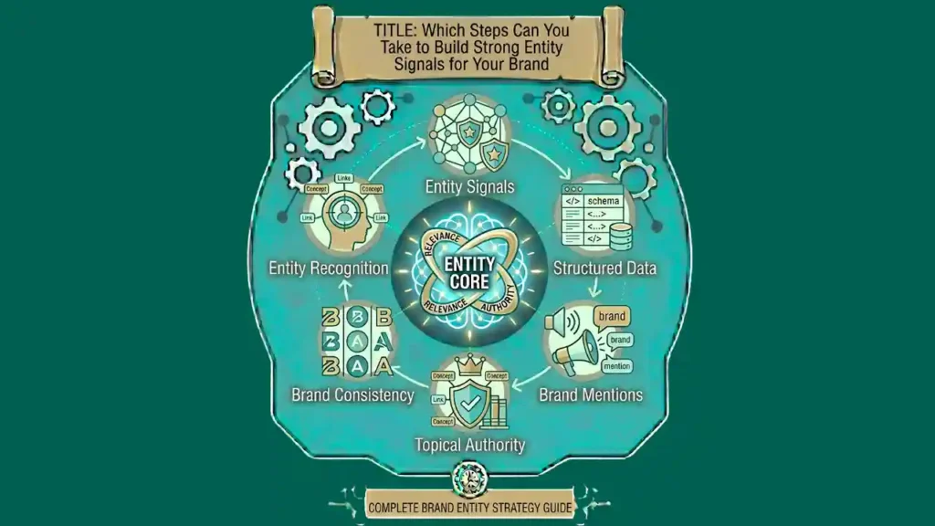 Brand entity signals infographic showing semantic SEO, brand authority, and search visibility optimisation.