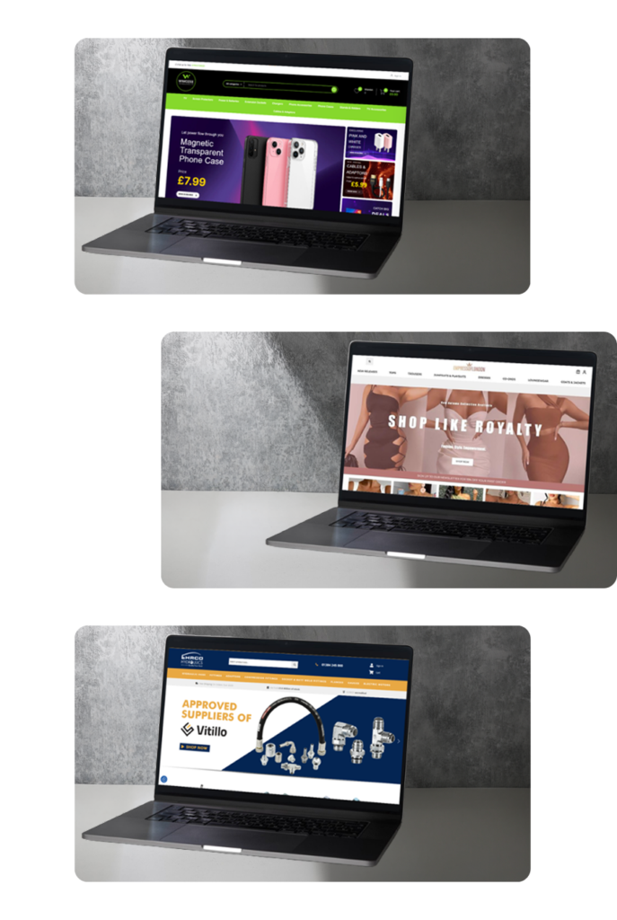 Collection of retail and e-commerce website designs displayed on laptops, representing industry-focused marketing solutions for online stores, fashion brands, and industrial suppliers.