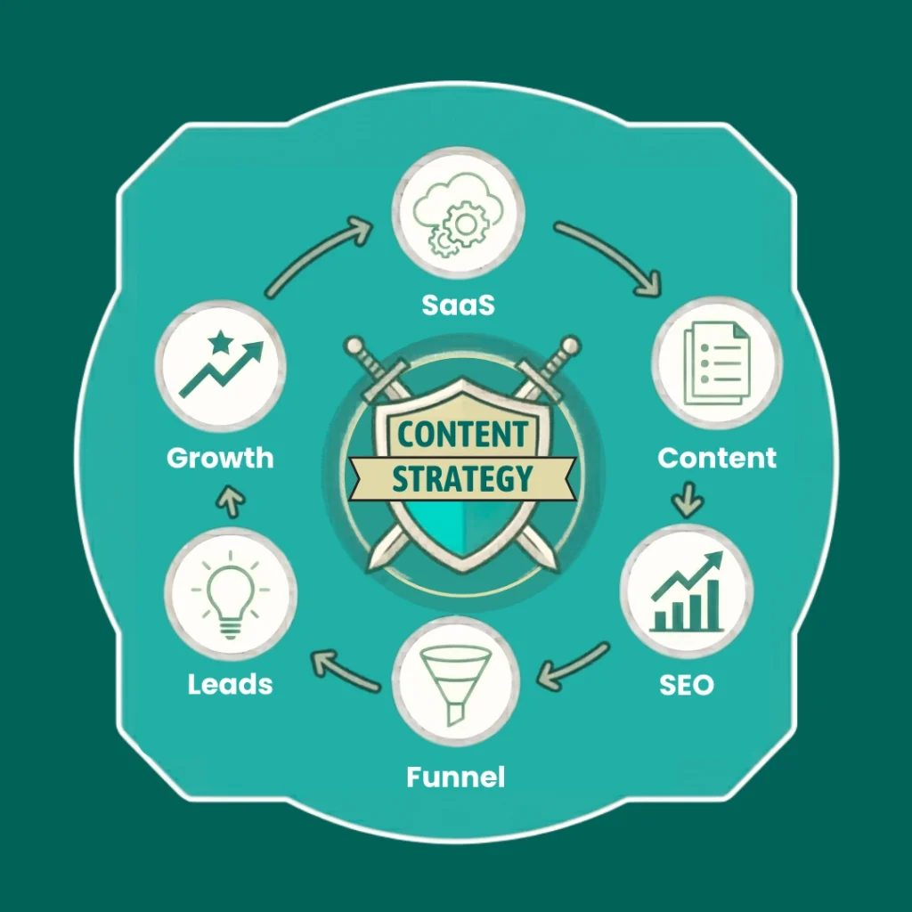 SaaS content marketing concept with digital growth and analytics icons.