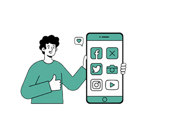 Illustration of a person holding a smartphone with social media icons, representing industry-focused marketing strategies for retail and e-commerce businesses.