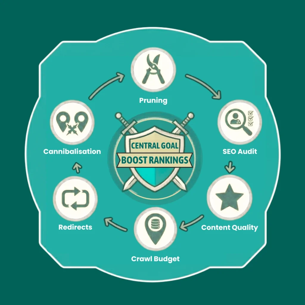 Content pruning infographic showing SEO content audits, outdated page removal, and search ranking improvements.
