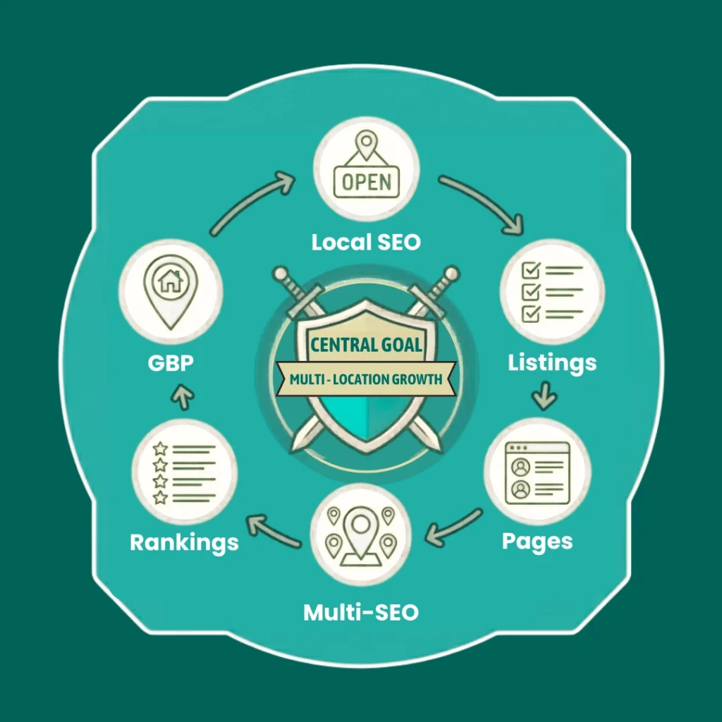 Local SEO infographic for multi-location businesses showing local rankings, Google Business Profiles, and location-based SEO strategies.