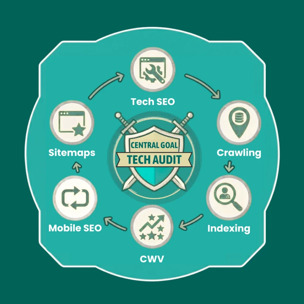 Technical SEO audit checklist infographic showing crawlability, indexing, site speed, and SEO optimisation tasks.