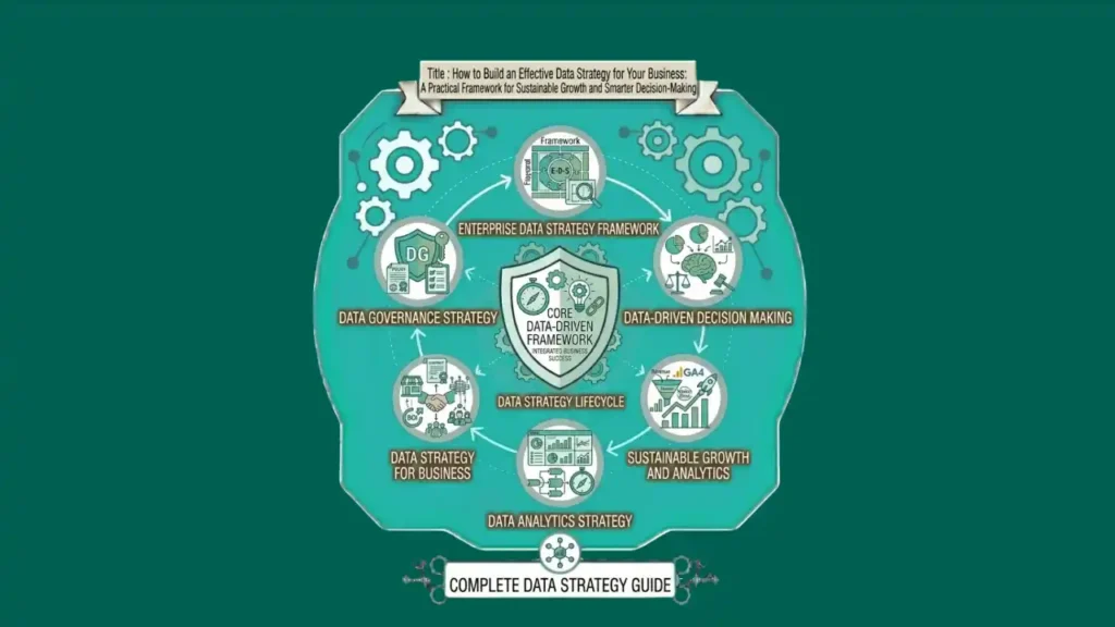 Data strategy for business concept with analytics and technology icons.