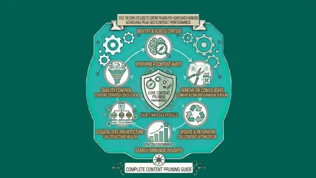 Content pruning infographic showing SEO content audits, outdated page removal, and search ranking improvements.