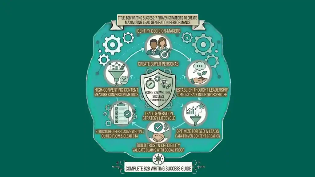 B2B writing infographic showing business content strategy, audience engagement, and conversion-focused SEO writing.