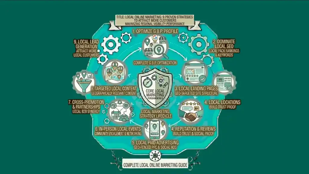 Local online marketing infographic showing SEO, local advertising, customer engagement, and business growth strategies.