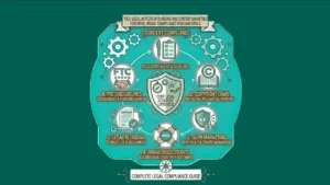 Legal aspects of blogging and content marketing infographic showing compliance, copyright, privacy, and brand protection strategies.