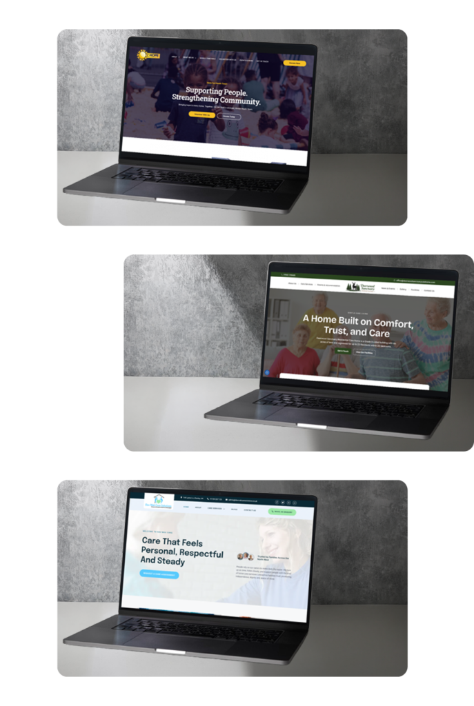 Collection of care and community websites displayed on laptops, representing care and community marketing in the UK with industry-focused digital marketing and website design solutions.