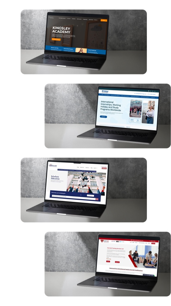 Collection of education websites displayed on laptops, representing industry-focused marketing and website design solutions for schools, academies, and educational organisations.