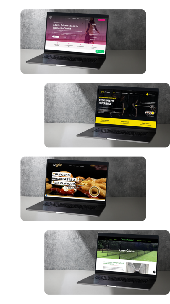 Collection of hospitality and leisure websites displayed on laptops, representing industry-focused marketing solutions for gyms, fitness centres, restaurants, and hospitality businesses in the UK.