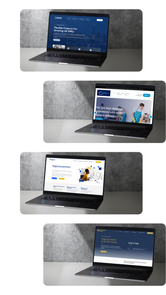 Collection of professional services websites displayed on laptops, representing industry-focused marketing solutions for finance, accountancy, consultancy, and business service companies.