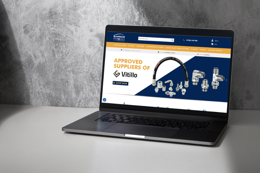 Desktop computer displaying the EHRCO Hydraulics e-commerce website, representing retail and e-commerce industry-focused marketing solutions for industrial and hydraulic supply businesses.