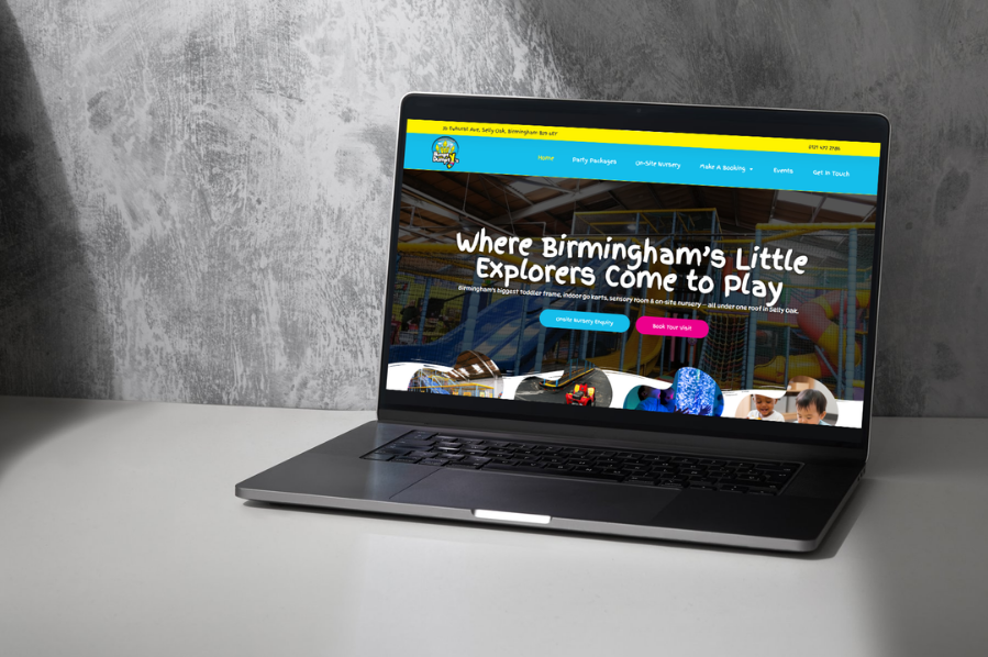 Desktop computer displaying the Adventure Land Humpty Dumpty’s website, representing hospitality and leisure industry-focused marketing and website design solutions for family entertainment businesses.