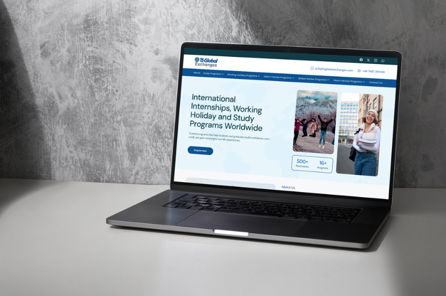 Desktop computer displaying the T5 Global Exchanges website, representing industry-focused marketing and website design solutions for international education and student exchange programmes.