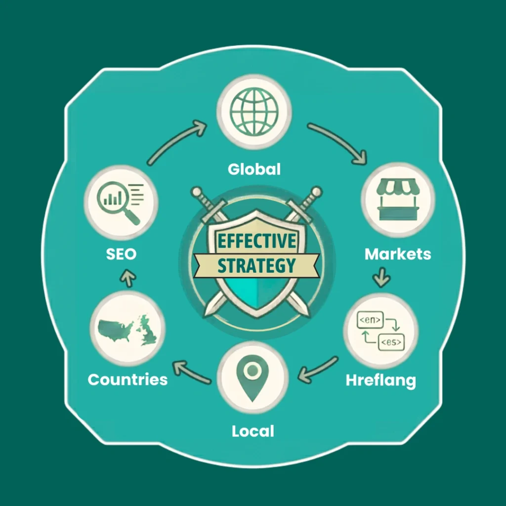 International SEO Strategy infographic showing global SEO targeting, multilingual content, and international market expansion.