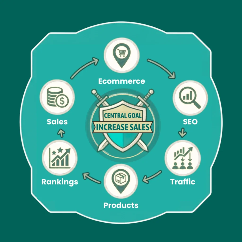 Ecommerce SEO for online stores infographic showing product optimisation, technical SEO, and ecommerce growth strategies.