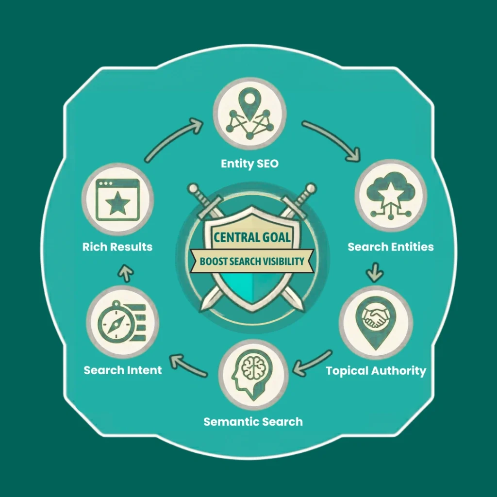 Entity-Based Search Optimisation infographic showing semantic SEO, structured data, and search visibility strategies.