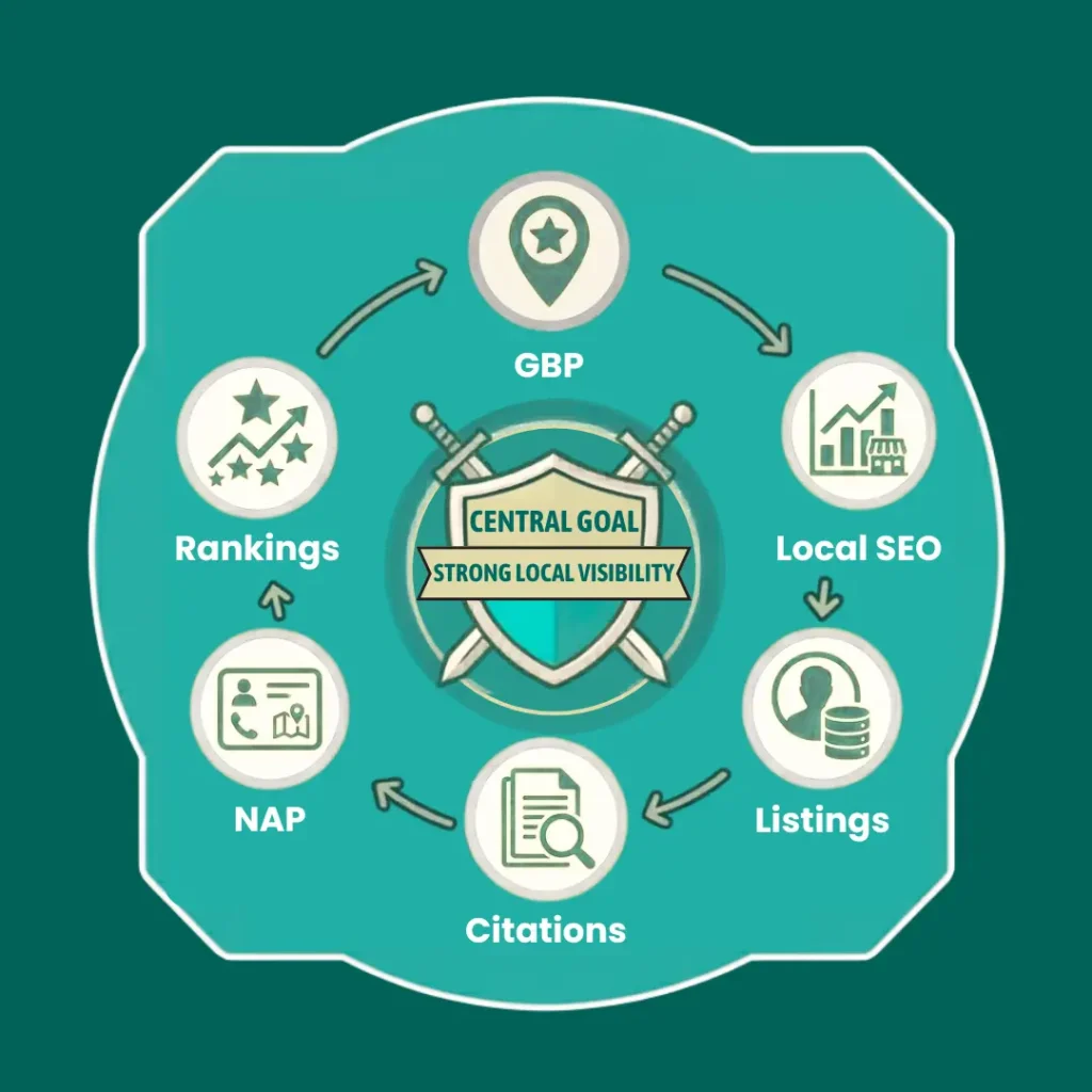 What is NAP Consistency in local SEO infographic showing accurate business name, address, and phone number signals.