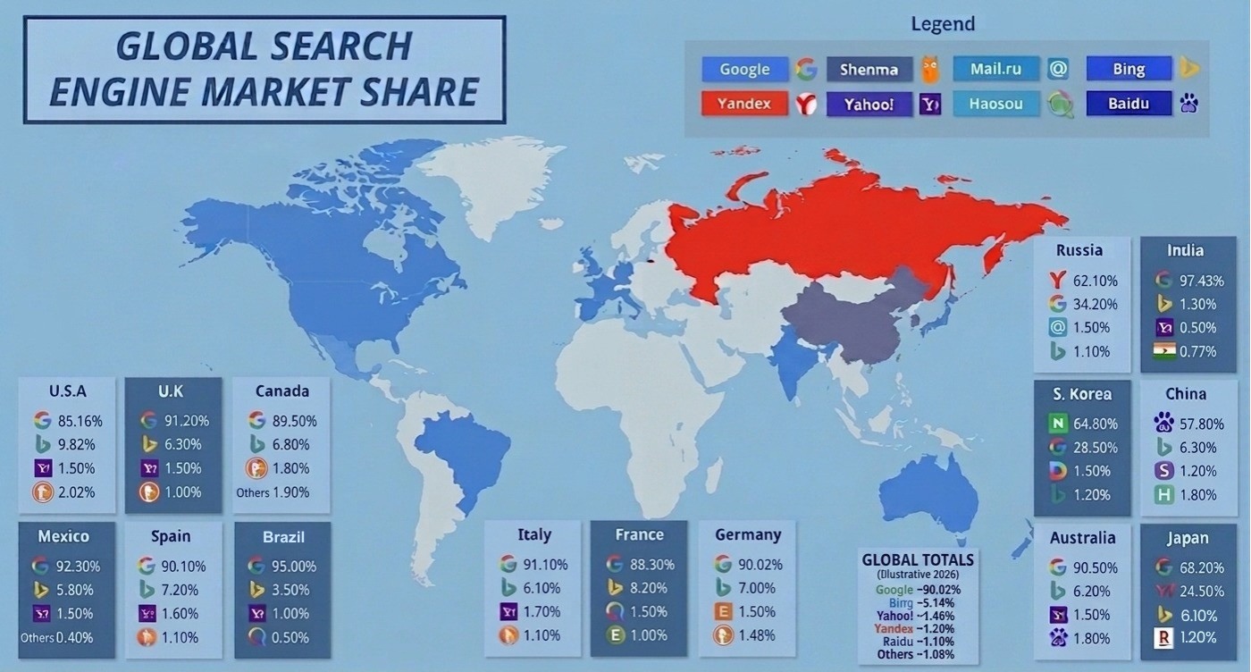 Global search engine market share map showing search engine usage by country.