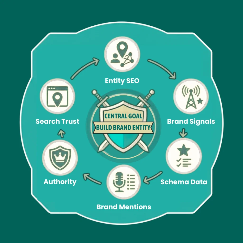 Brand entity signals infographic showing semantic SEO, brand authority, and search visibility optimisation.