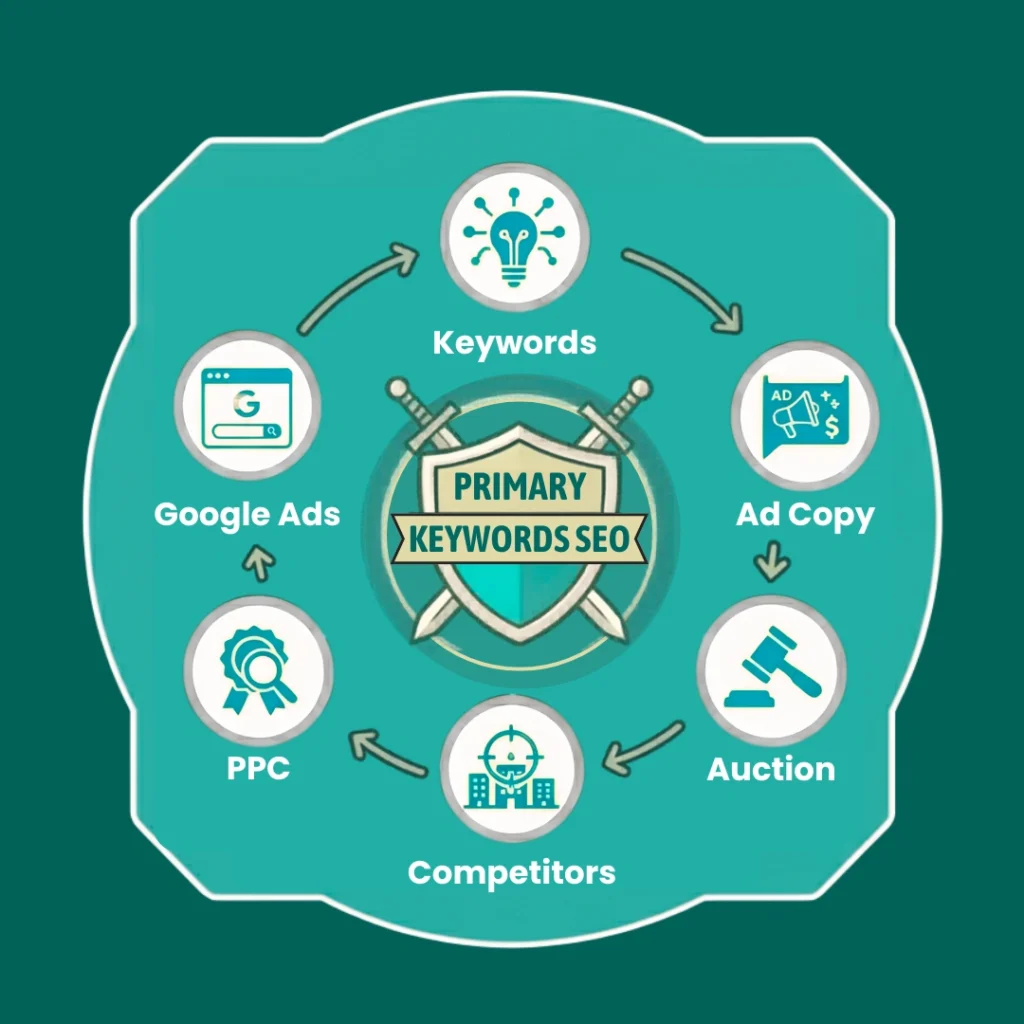 Primary keywords in SEO concept with search and ranking icons.