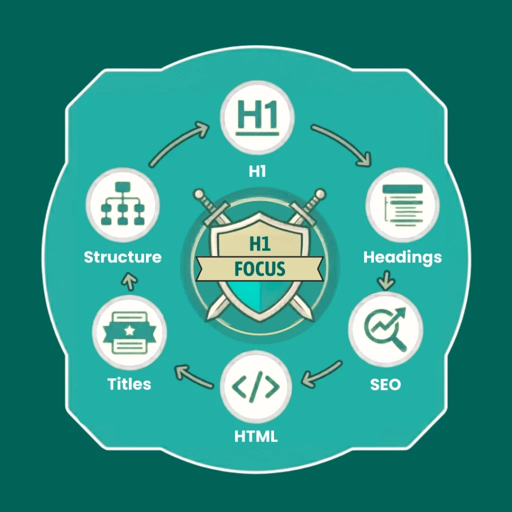 H1 tag concept with SEO and webpage optimization icons.