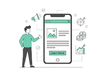 Illustration of a hospitality and leisure marketing concept with a mobile website interface and analytics icons representing industry-focused marketing strategies for business growth.
