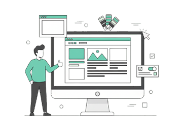 Illustration of a person presenting a digital website interface on a desktop screen symbolising industry-focused marketing for care and community organisations.