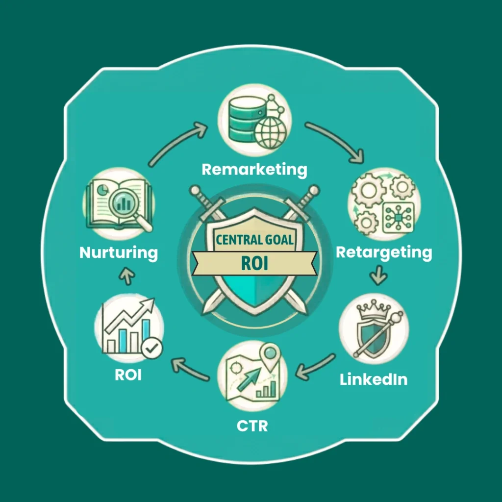 B2B remarketing concept with customer engagement and digital marketing icons.
