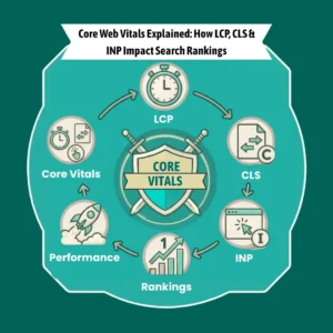 Core Web Vitals infographic showing LCP, CLS, and page performance metrics.