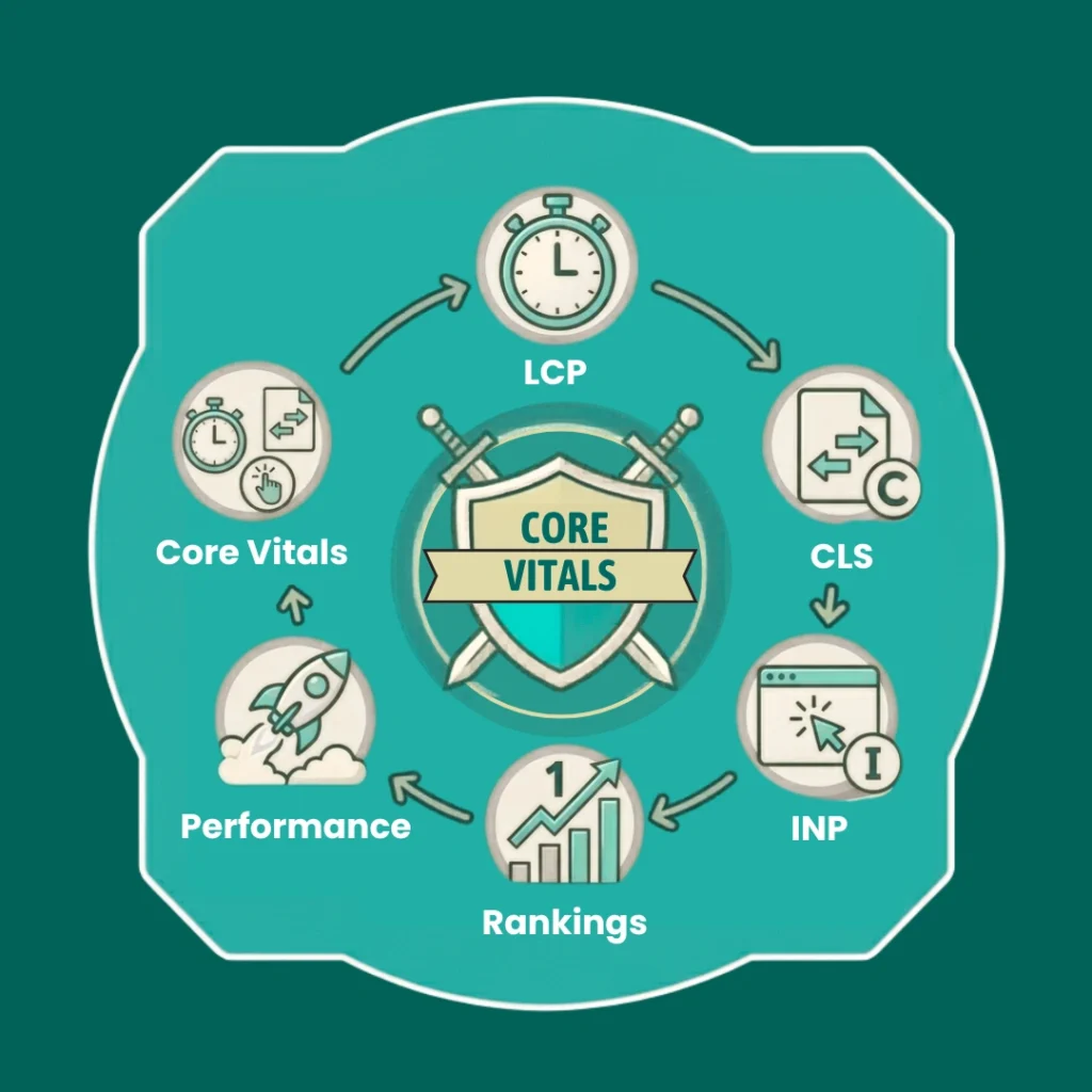 Core Web Vitals infographic showing LCP, CLS, and page performance metrics.