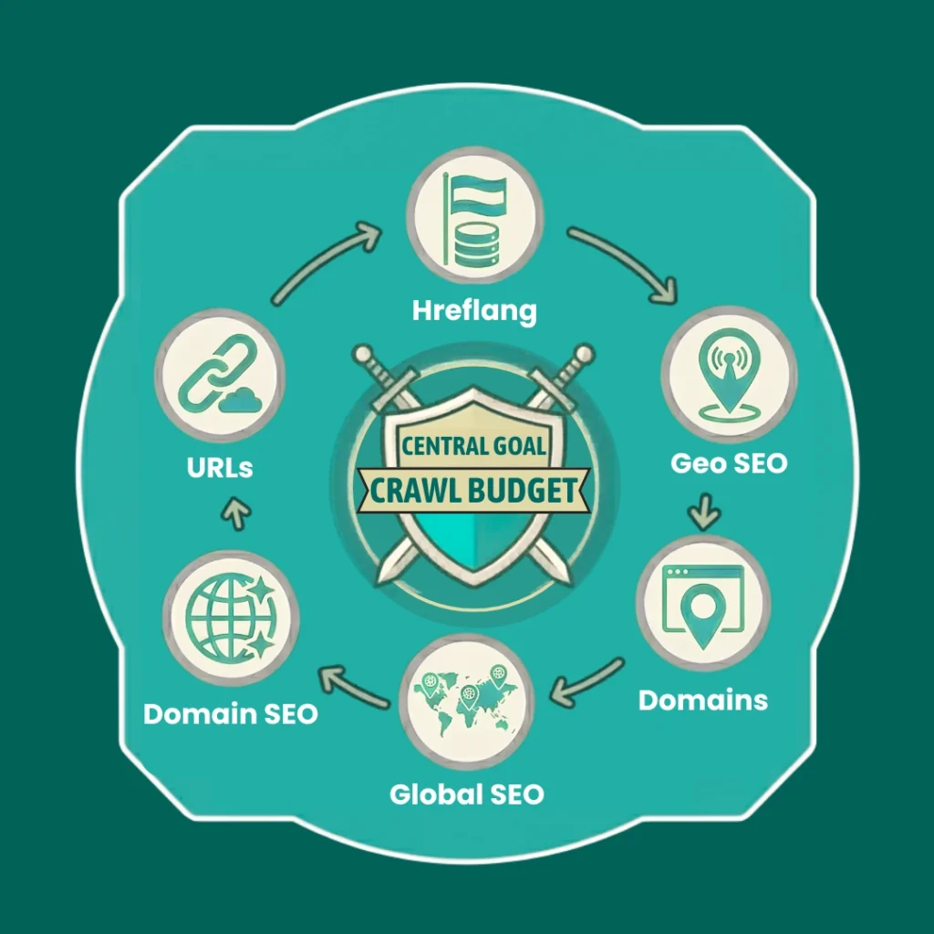 Crawl budget optimisation infographic with indexing and SEO performance elements.
