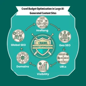 Crawl budget optimisation infographic with indexing and SEO performance elements.