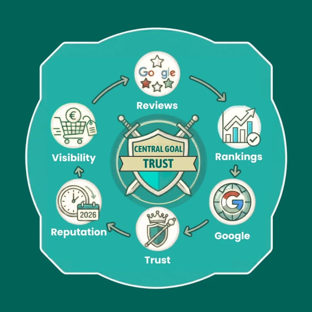 Infographic showing the impact of online reviews on local SEO, customer trust, and search rankings.