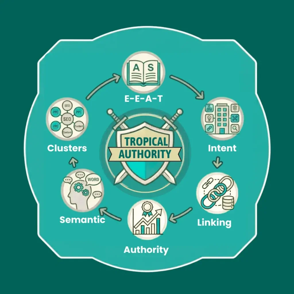 Topical authority concept with clusters, intent, and E-E-A-T signals.