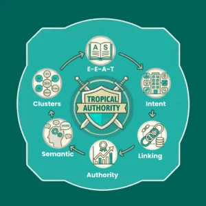 Topical authority concept with clusters, intent, and E-E-A-T signals.