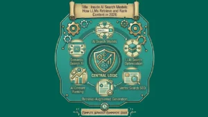 AI search models concept with machine learning and search technology icons.