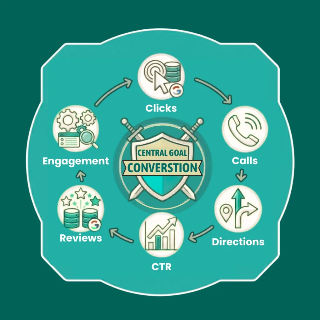 Behavioural signals in local SEO concept with user engagement and ranking icons.
