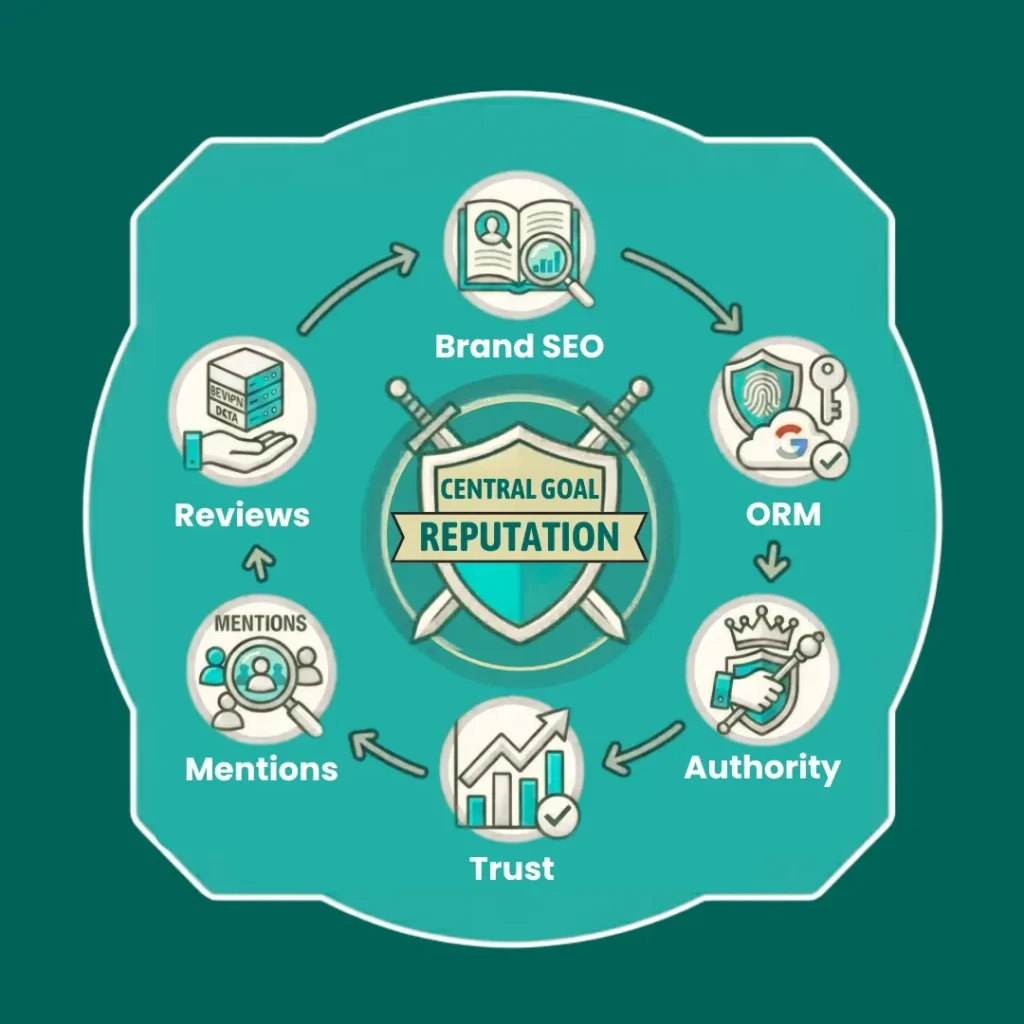 SEO reputation management concept with brand protection and analytics icons.