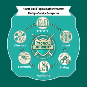 Topical authority concept with clusters, intent, and E-E-A-T signals.